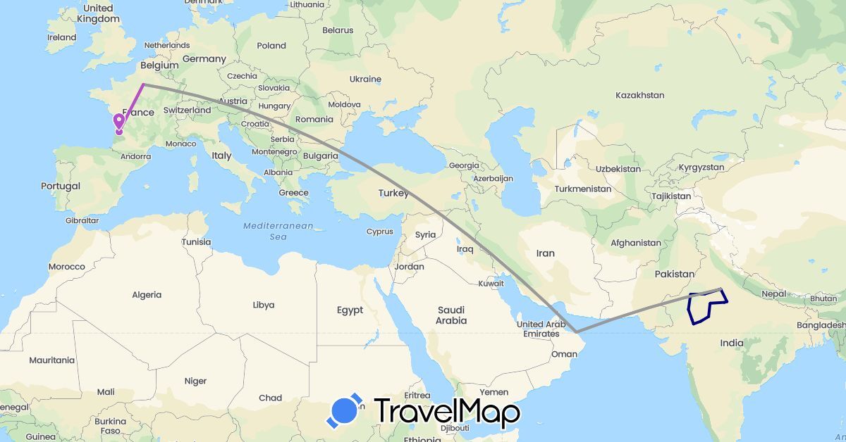 TravelMap itinerary: driving, plane, train in France, India, Oman (Asia, Europe)